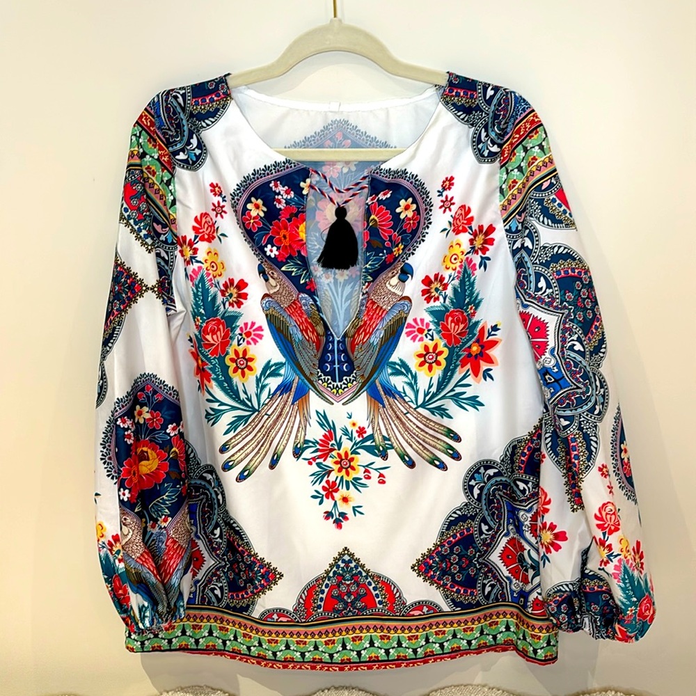 (M) #159 PRETTY PARROT print boho style top